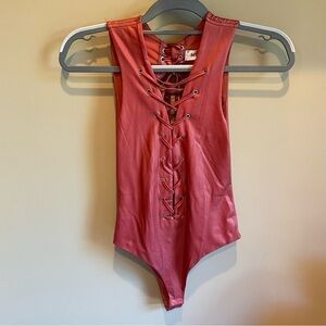 Meek Mauve Lace Up Sleeveless Bodysuit Open Back